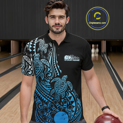 Male model wearing a black and blue bowling polo shirt at the lane with Polynesian-style bowling graphics.