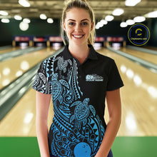 Load image into Gallery viewer, Custom Black And Blue Polynesian Tribal Turtle Bowling Women Polo Team Shirts Outfit IPHW10985