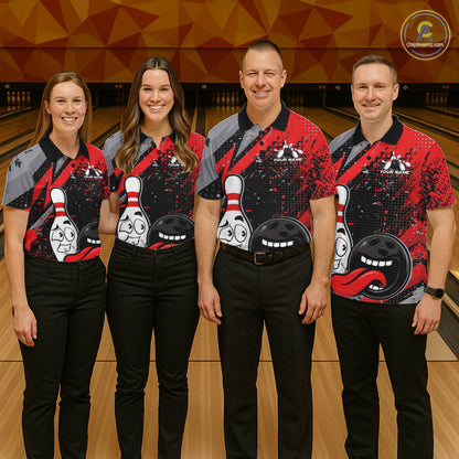 Custom Funny Bowling Polo Shirt For Men, Red Bowling Ball And Pin Bowling Jersey IPHW10257