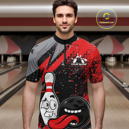 Custom Funny Bowling Quarter-Zip Shirt For Men, Red Bowling Ball And Pin Bowling Jersey IPHW10257