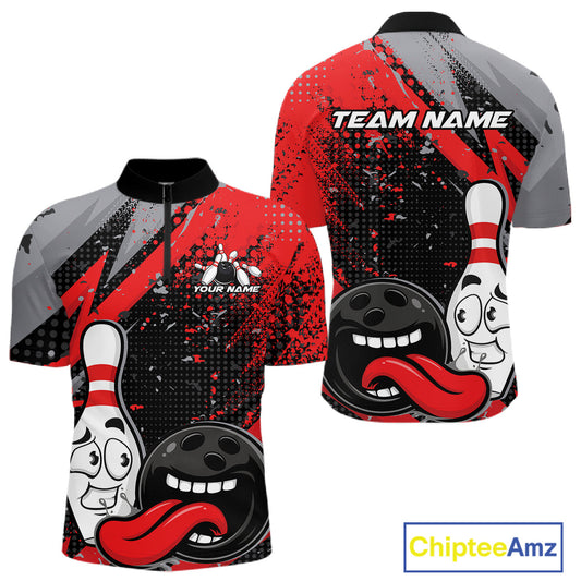 Custom Funny Bowling Quarter-Zip Shirt For Men, Red Bowling Ball And Pin Bowling Jersey IPHW10257