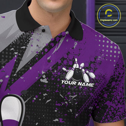 Custom Funny Bowling Polo Shirt For Men, Purple Bowling Ball And Pin Bowling Jersey IPHW10259