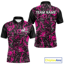 Load image into Gallery viewer, Front and back views of a black polo shirt with hot pink paint-splatter graphics, personalized with â€œYour Nameâ€ on the chest and â€œTeam Nameâ€ across the back.