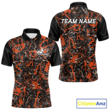 Load image into Gallery viewer, Front and back views of a black polo shirt with orange paint-splatter graphics, personalized with â€œYour Nameâ€ on the chest and â€œTeam Nameâ€ across the back.
