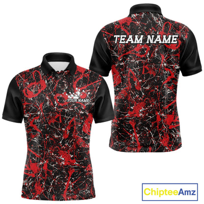 Front and back views of a black polo shirt with red paint-splatter graphics, personalized with â€œYour Nameâ€ on the chest and â€œTeam Nameâ€ across the back.
