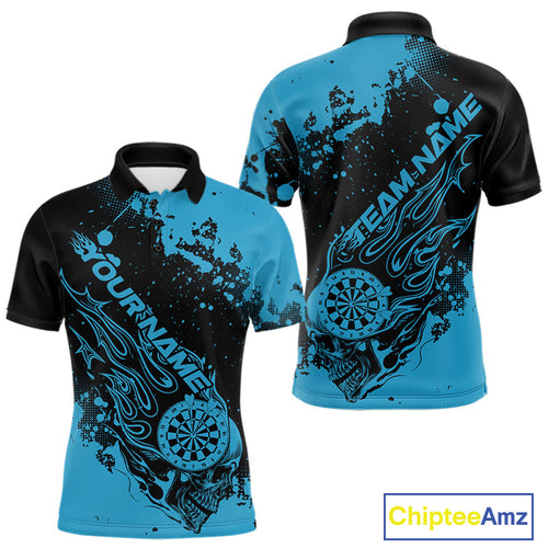 Custom Black And Blue Splatter Flame Dart Skull Men Polo Shirt, Grunge Halloween Jerseys IPHW10050