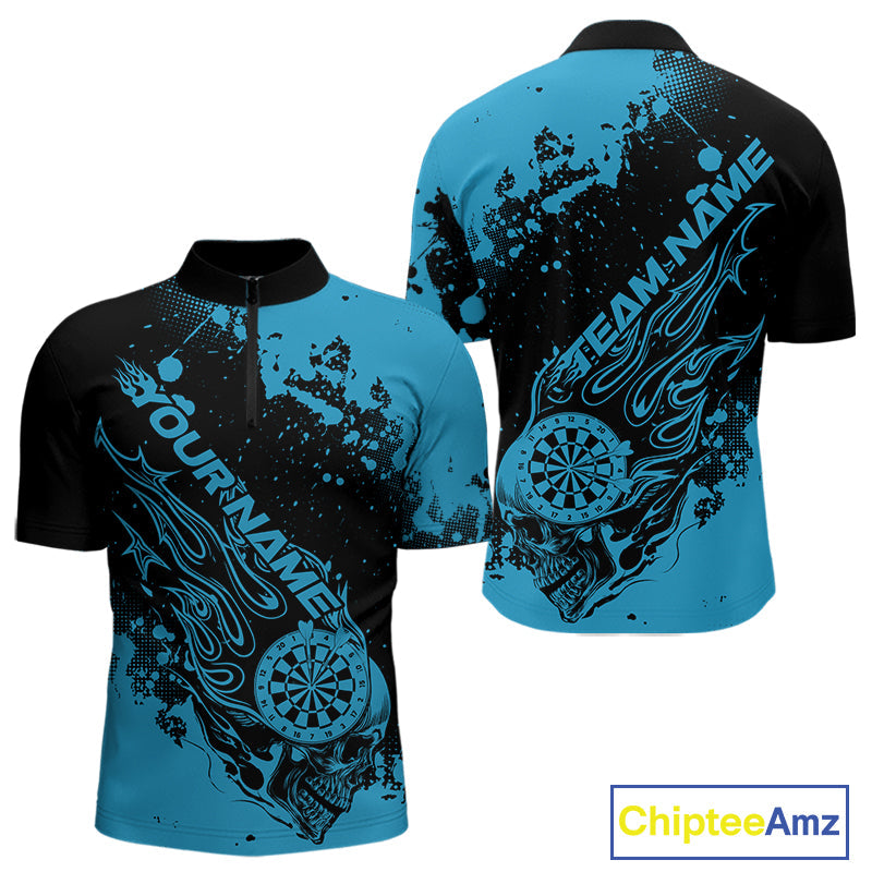 Custom Black And Blue Splatter Flame Dart Skull Men Quarter-Zip Shirt, Grunge Halloween Jerseys IPHW10050