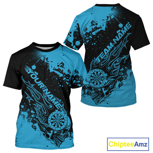 Custom Black And Blue Splatter Flame Dart Skull Men T-Shirts, Grunge Halloween Jerseys IPHW10050