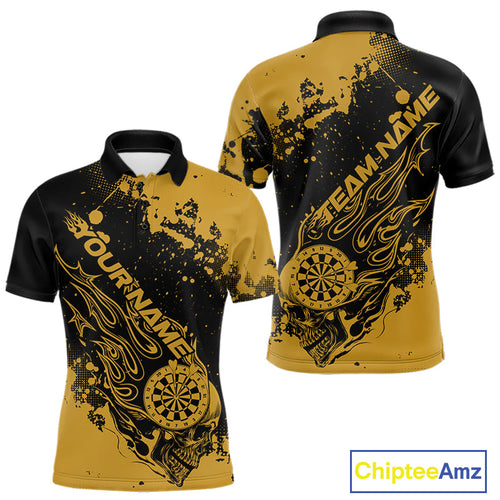 Custom Black And Yellow Splatter Flame Dart Skull Men Polo Shirt, Grunge Halloween Jerseys IPHW10051