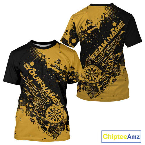 Custom Black And Yellow Splatter Flame Dart Skull Men T-Shirts, Grunge Halloween Jerseys IPHW10051