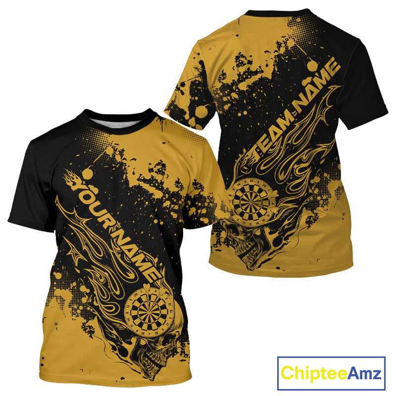 Custom Black And Yellow Splatter Flame Dart Skull Men T-Shirts, Grunge Halloween Jerseys IPHW10051