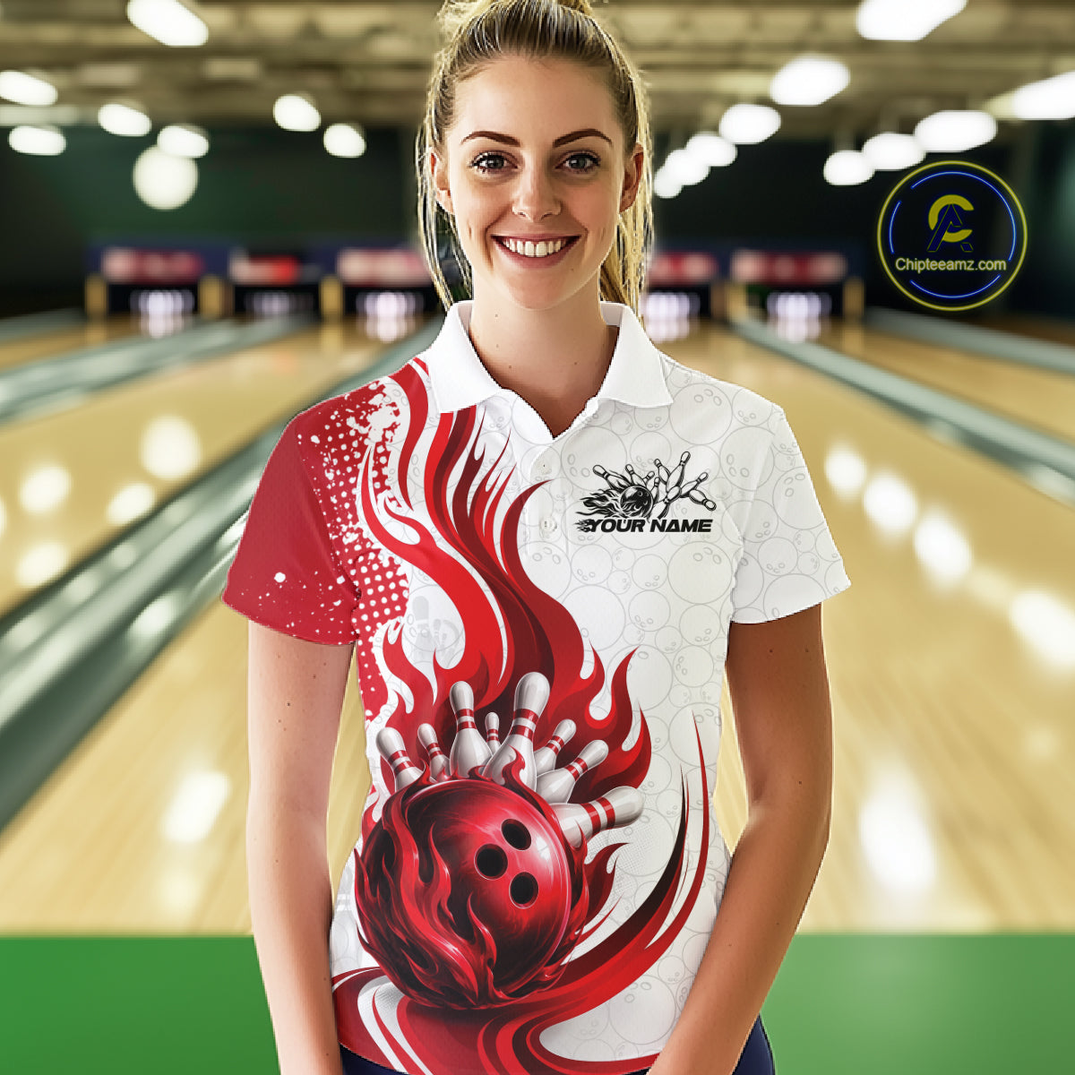 Custom Red Flame Bowling Team Women Polo Shirt, Bowling Ball Pattern Bowling Jerseys IPHW11649