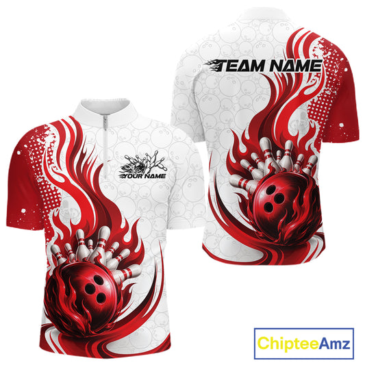 Custom short-sleeve bowling jersey shown from the front and back, featuring a red and white flame graphic with a 3D-effect bowling ball and pins design. The front has a mock neck, half-zip, and customizable text placeholders 'YOUR NAME' and 'TEAM NAME'.