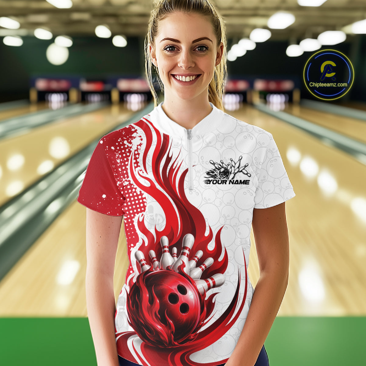 Custom Red Flame Bowling Women Quarter-Zip Shirt, Bowling Ball Pattern Bowling Jerseys IPHW11649