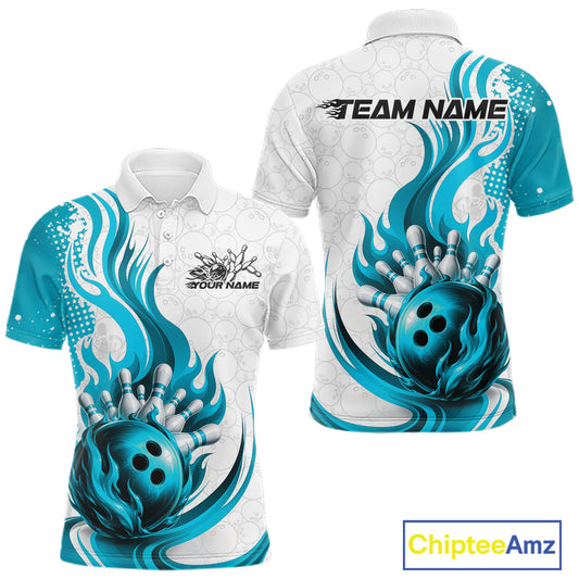 Front and back views of a short-sleeve polo shirt with a bowling-themed graphic print in teal, blue, black, and white. The front shows a bowling ball and pins design with placeholder text on the chest, and the back shows 'TEAM NAME' across the shoulders.