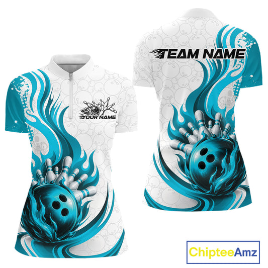 Front and back views of a short-sleeve quarter-zip shirt with a bowling theme, featuring a white base with teal and black flame-like swirls, bowling balls, and pins, plus customizable text areas on the chest and back.