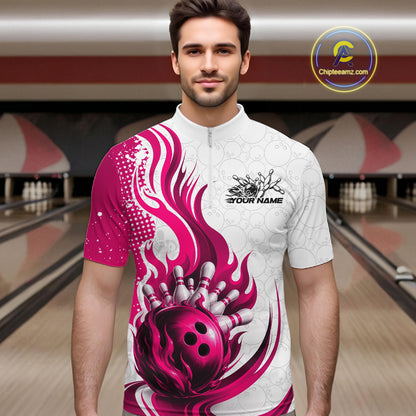 Custom Pink Flame Bowling Team Men Quarter Zip Shirt, Bowling Ball Pattern Bowling Jerseys IPHW11651