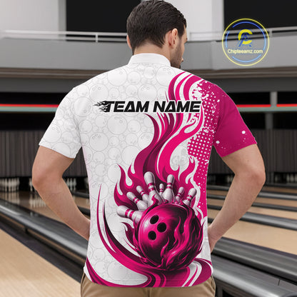 Custom Pink Flame Bowling Team Men Quarter Zip Shirt, Bowling Ball Pattern Bowling Jerseys IPHW11651