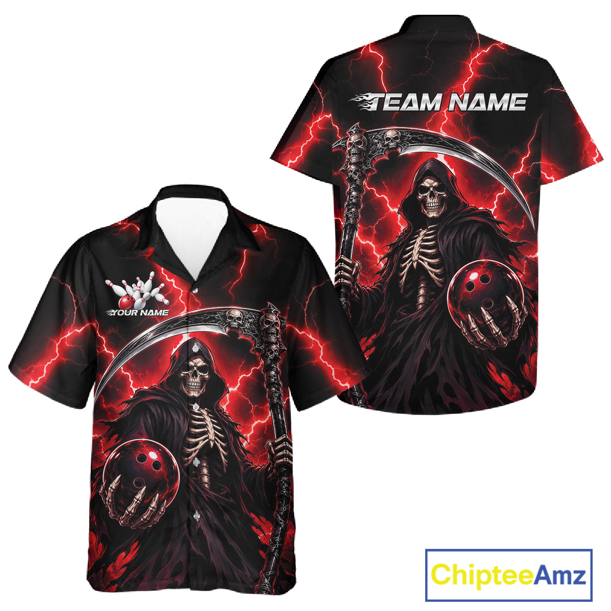 Custom Red Thunder Lightning Grim Reaper Skull Bowling Men And Women Hawaiian Shirts, Halloween Outfit IPHW11658