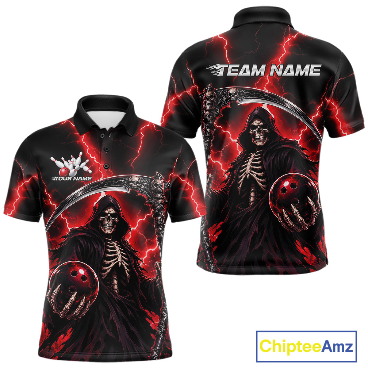 Custom Red Thunder Lightning Grim Reaper Skull Bowling Men Polo Shirts, Halloween Outfit IPHW11658