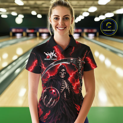 Custom Red Thunder Lightning Grim Reaper Skull Bowling Women Polo Shirts, Halloween Outfit IPHW11658