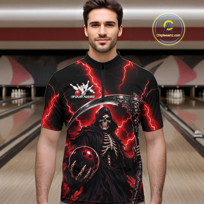Custom Red Thunder Lightning Grim Reaper Skull Bowling Men Quarter Zip Shirts, Halloween Outfit IPHW11658