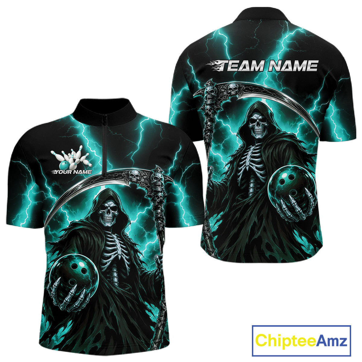 Custom Turquoise Blue Lightning Grim Reaper Skull Bowling Men Quarter Zip Shirt IPHW11659