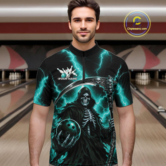 A man wearing a black short-sleeve bowling jersey with a grim reaper graphic, lightning effects, and a bowling ball motif
