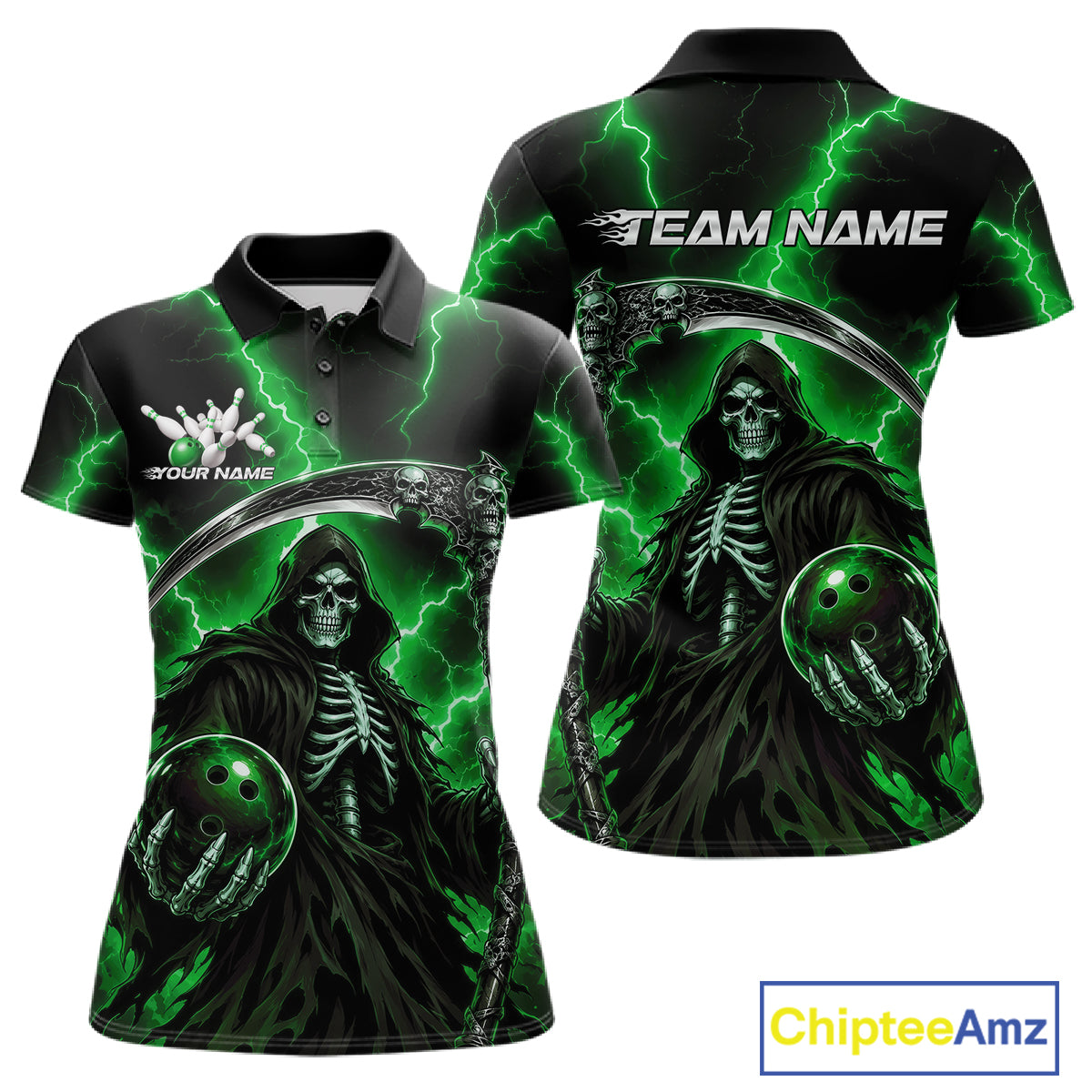 Customizable womens black polo shirt with a green and black Grim Reaper bowling graphic, shown in front and back views 