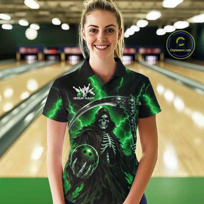 Custom Green Thunder Lightning Grim Reaper Skull Bowling Women Polo Shirts, Halloween Outfit IPHW11661