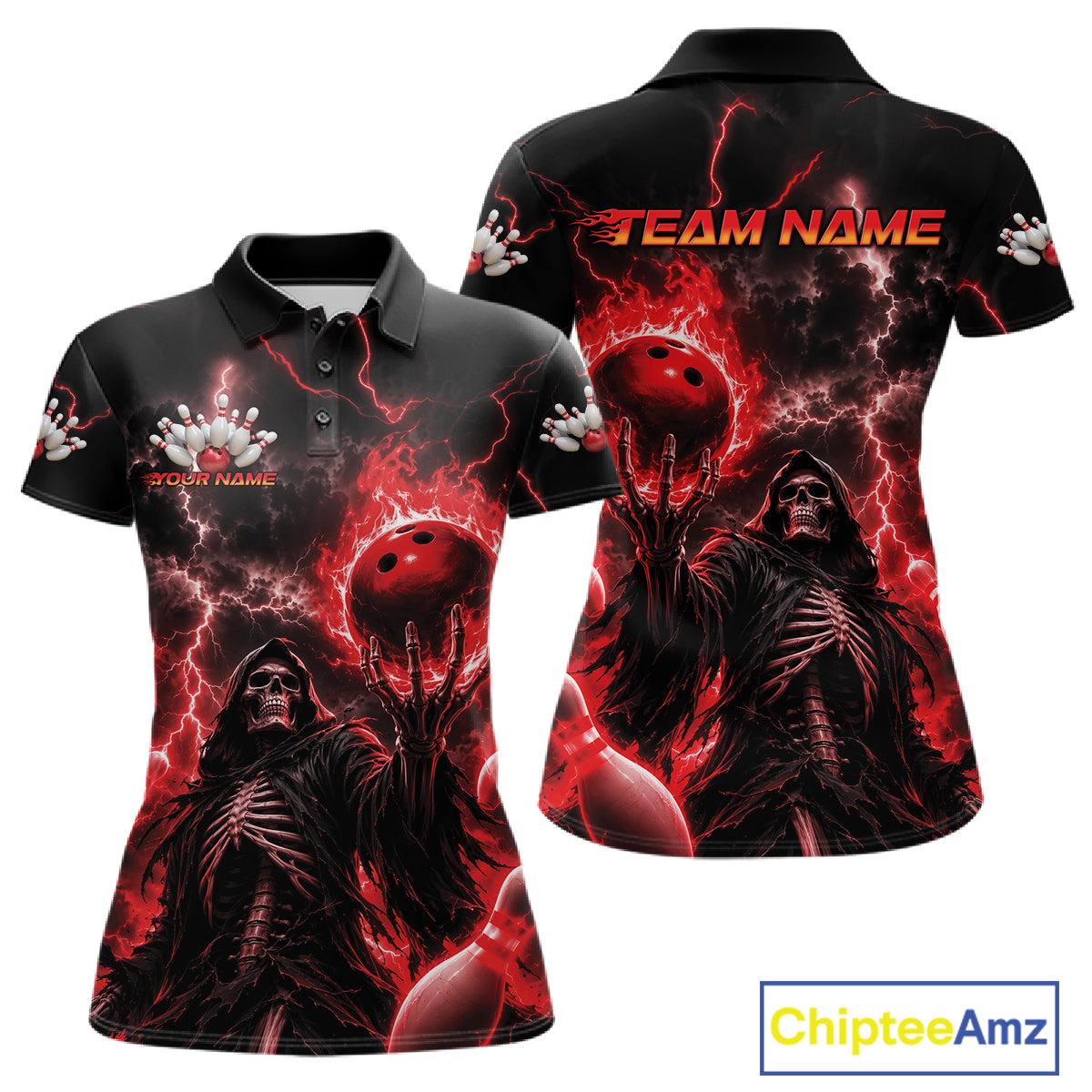 Custom Red Fire Flame Bowling Grim Reaper Skull Women Polo Shirt, Halloween Bowler Outfit IPHW11662