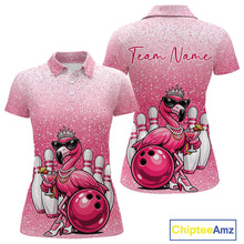 Load image into Gallery viewer, Front and back display of a pink women’s bowling polo shirt featuring a crowned flamingo holding a cocktail while leaning on a bowling ball.