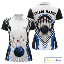 Load image into Gallery viewer, Front and back views of a women's bowling polo shirt mockup featuring bowling ball and pins graphics in white, black, and blue.