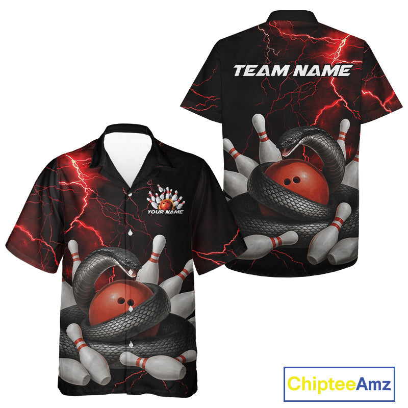 Custom Black And Red Thunder Lightning Black Mamba Snake Bowling Team Men And Women Hawaiian Shirt IPHW10152