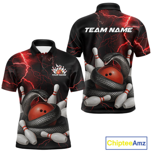 Custom Black And Red Thunder Lightning Black Mamba Snake Bowling Team Men Polo Shirt IPHW10152