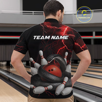 Custom Black And Red Thunder Lightning Black Mamba Snake Bowling Team Men Quarter-Zip Shirt IPHW10152