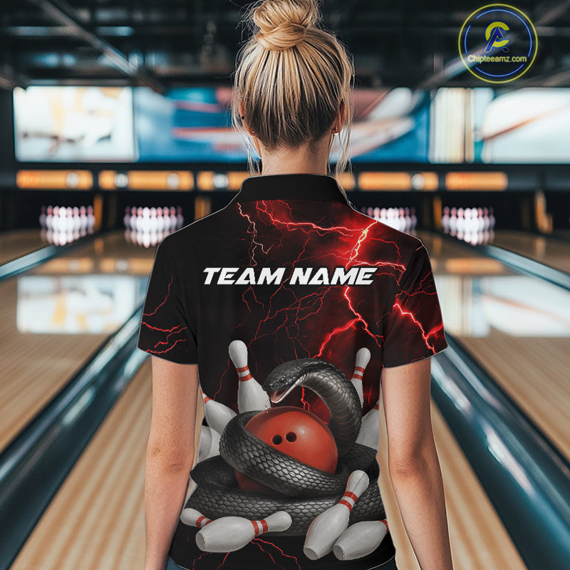 Custom Black And Red Thunder Lightning Black Mamba Snake Bowling Team Women Shirt IPHW10152