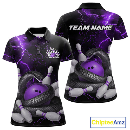 Custom Black And Purple Thunder Lightning Black Mamba Snake Bowling Team Women Shirt IPHW10153