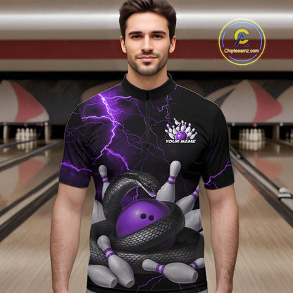 Custom Black And Purple Thunder Lightning Black Mamba Snake Bowling Team Men Quarter-Zip Shirt IPHW10153