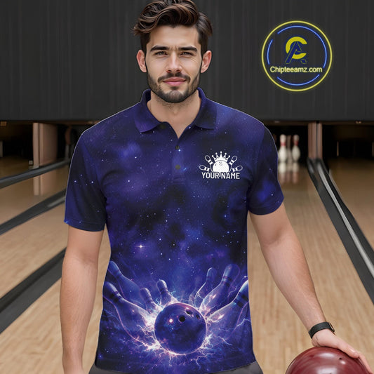 Custom Purple And Blue Galaxy Bowling Team Shirts For Men, Sparkling Sky Bowling Jerseys IPHW10529