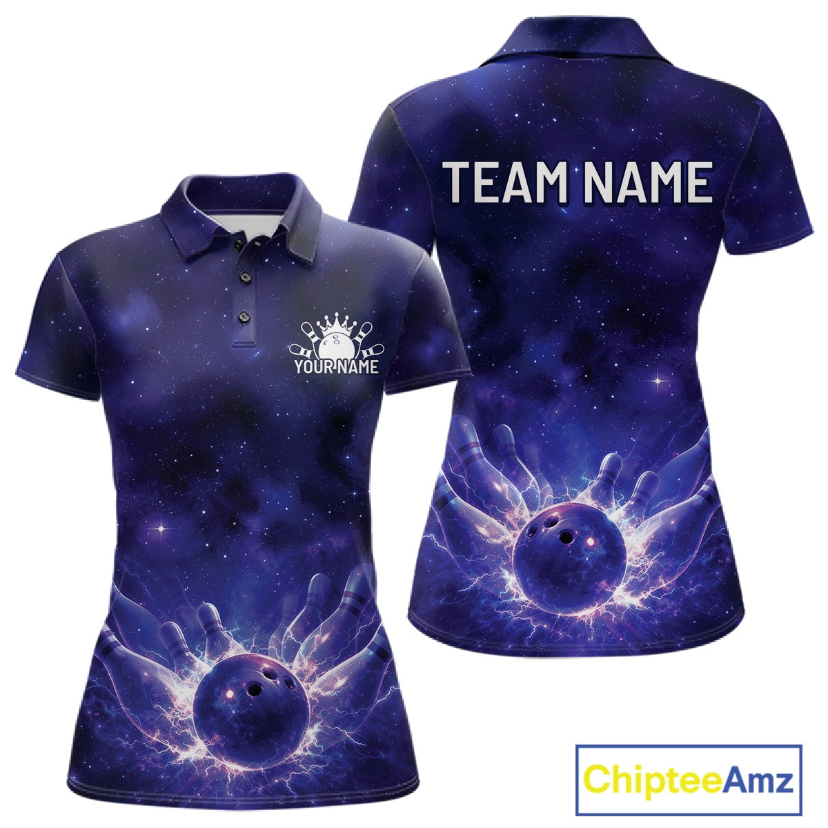 Custom Purple And Blue Galaxy Bowling Team Shirts For Women, Sparkling Sky Bowling Jerseys IPHW10529