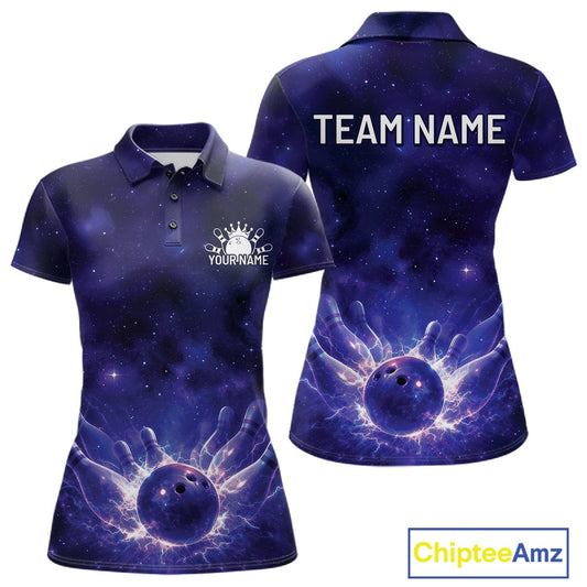Custom Purple And Blue Galaxy Bowling Team Shirts For Women, Sparkling Sky Bowling Jerseys IPHW10529