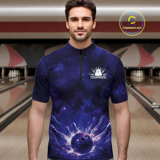 Custom Purple And Blue Galaxy Bowling Team Shirts For Men, Sparkling Sky Bowling Jerseys IPHW10529
