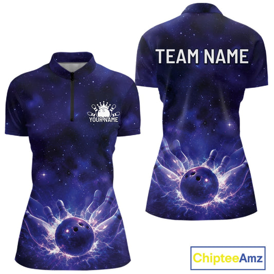 Custom Purple And Blue Galaxy Bowling Shirts For Women, Sparkling Sky Bowling Jerseys IPHW10529
