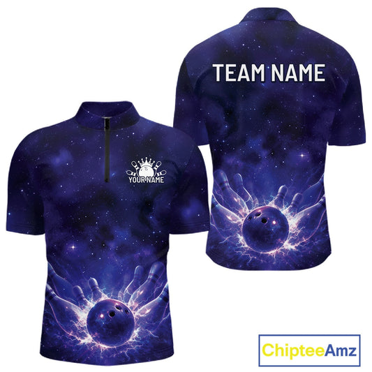 Custom Purple And Blue Galaxy Bowling Team Shirts For Men, Sparkling Sky Bowling Jerseys IPHW10529