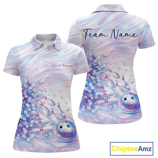 Front and back mockup of a womens bowling polo showcasing pastel purple and pink holographic butterflies with eye-catching bowling graphics