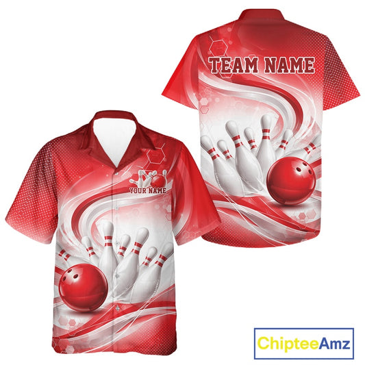Front and back view of a white and red button-up bowling shirt mockup decorated with sweeping wave motifs and a glossy bowling scene