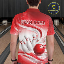 Load image into Gallery viewer, Male model standing in a bowling lane showing the back of a white and red bowling polo shirt with abstract wave lines and a glossy bowling ball striking pins graphic.