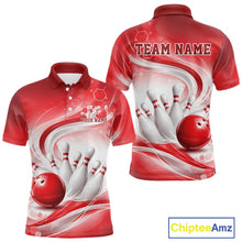 Load image into Gallery viewer, White and red bowling polo shirt mockup shown from both sides with flowing abstract graphics and a bowling ball impact design