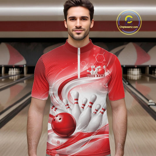 Front view of a male model wearing a white and red bowling quarter-zip shirt with dynamic wave motifs and bowling action artwork